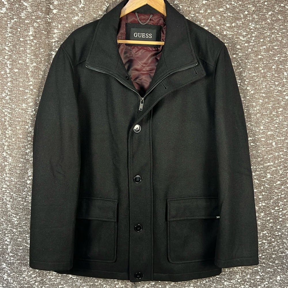 Guess Men's Black Wool-Blend Military Style Coat Jacket‎ Full Zip W/Buttons